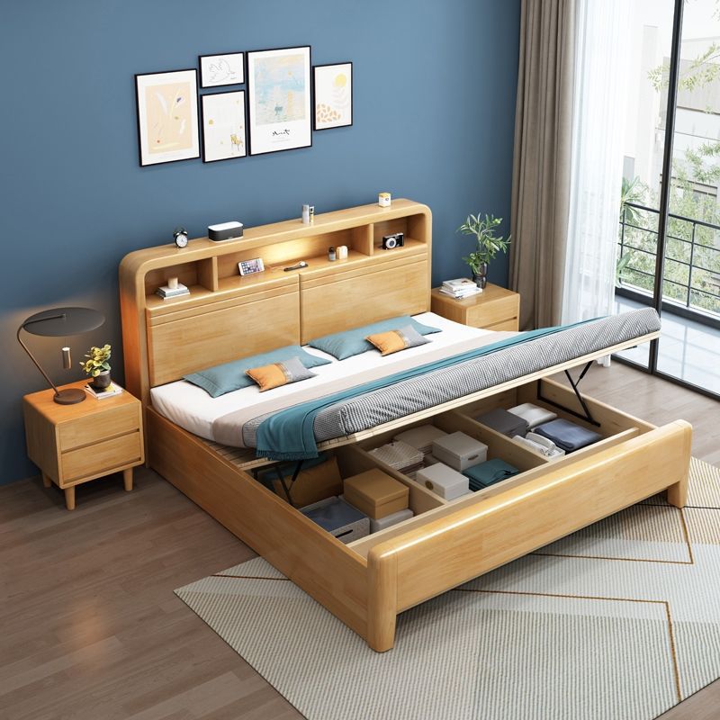 Cama de madera maciza 1,8 m cama doble con luz de noche moderna simple 1,5 m caja de almacenamiento nórdico Cama grande fábrica directa ventas