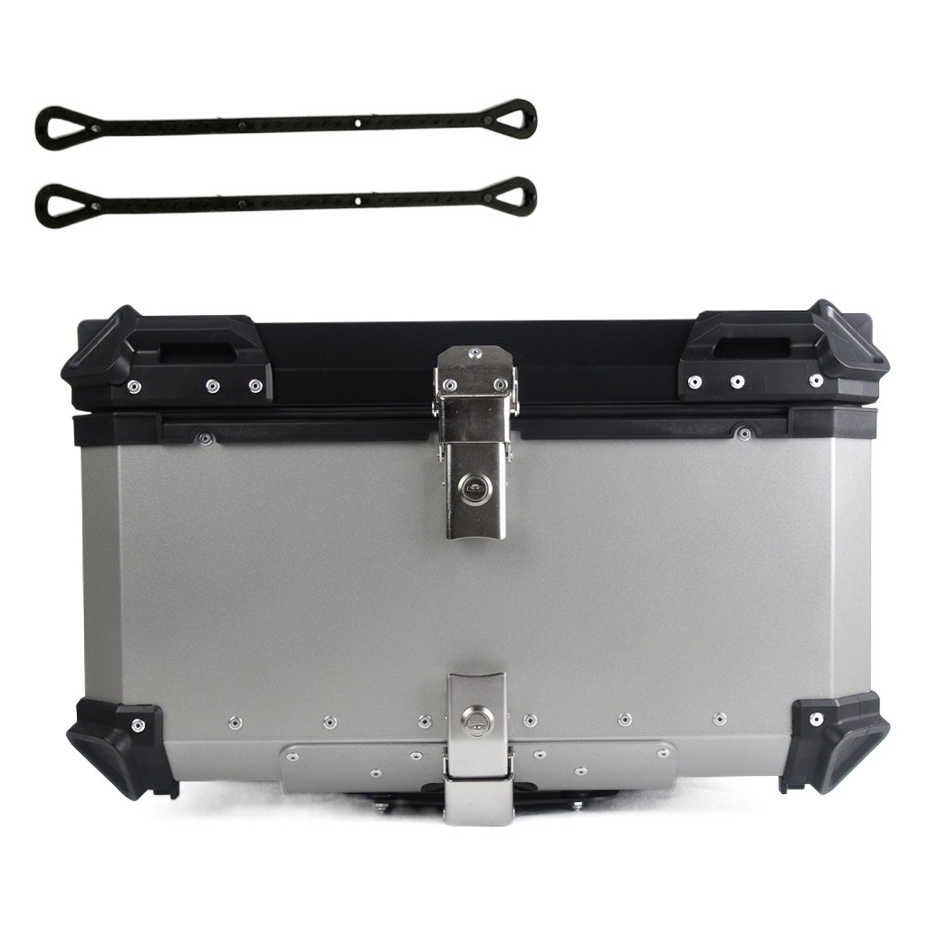 Baúl trasero para motocicleta de 65L, adecuado para motos de rally y scooters, negro/plateado, tamaño extra grande, compatible con múltiples modelos.