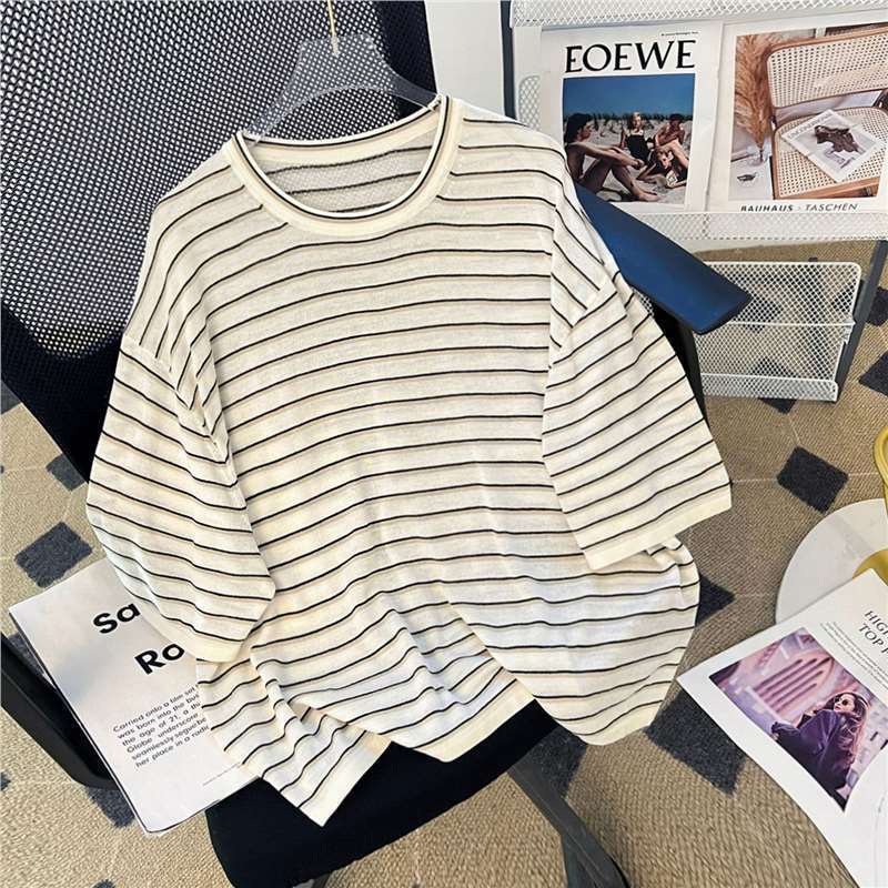 Relaxation Ceiling! Theory Th Classic French Stripesd Round Neck Tencel Linen Dropped Shoulder Sleeve Knitwear Short Sleeves