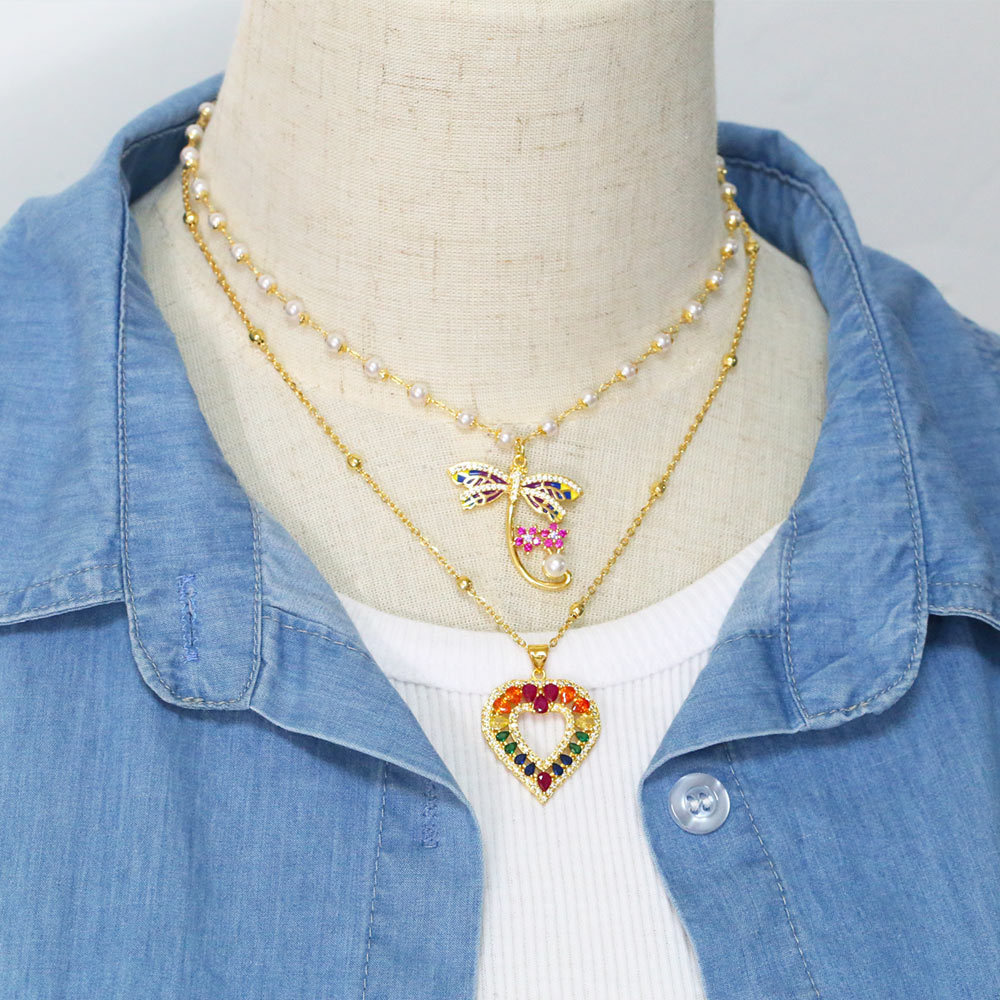 Fashion Heart Shape Dragonfly Copper Pendant Necklace Inlay Pearl Zircon Copper Necklaces