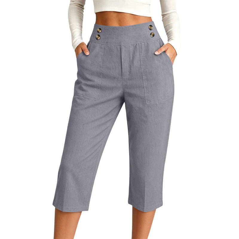 Cross-Border Amazon New Casual Fashion Cropped Pants European and American Style Casual Pants Comfortable Loose Buttoned Sports Pants Cross-Border Amazon New Casual Fashion Cropped Pants European and American Style Casual Pants Comfortable Loose Buttoned Sports Pants