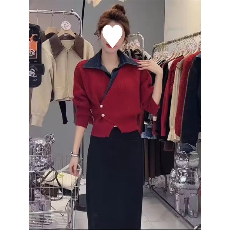 가을 작은 착용 슬리밍 패션 새로운 가을과 겨울 짧은 니트 카디건 스웨터 올 매치 데님 스티칭 탑