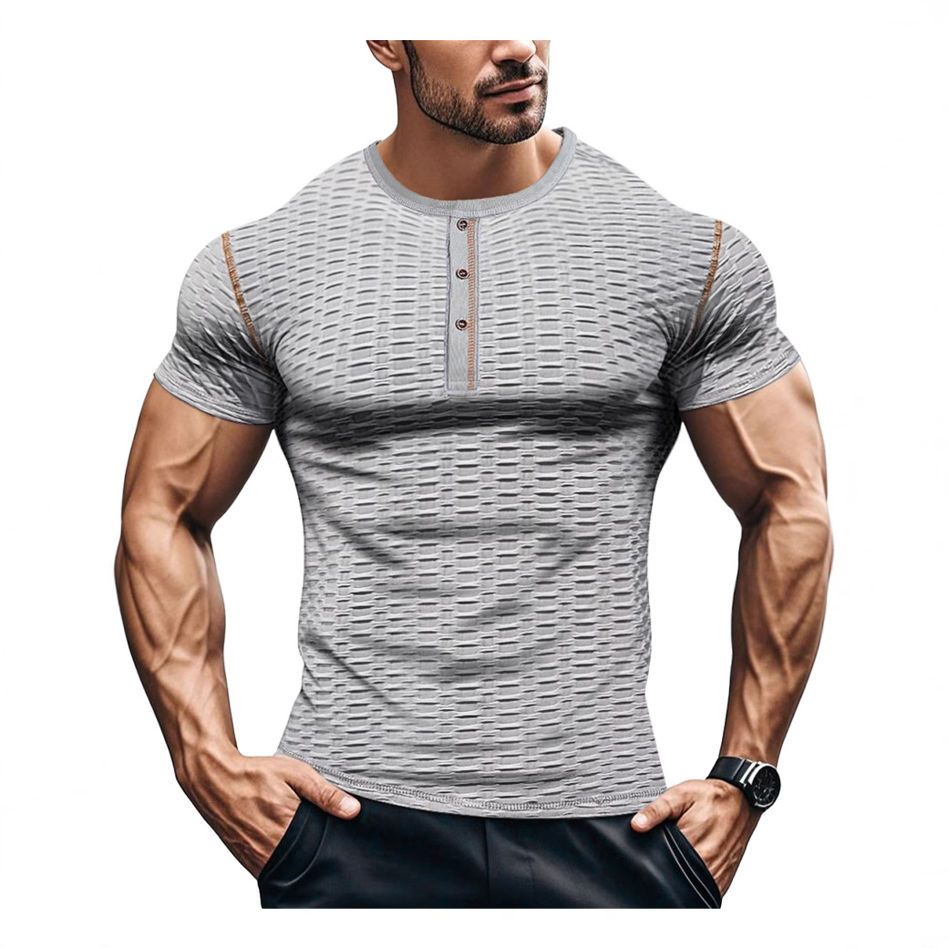 Camiseta deportiva europea y americana, informal, ajustada, transpirable, de manga corta para hombre, camiseta Henley muscular para hombre, transpirable y absorbente del sudor