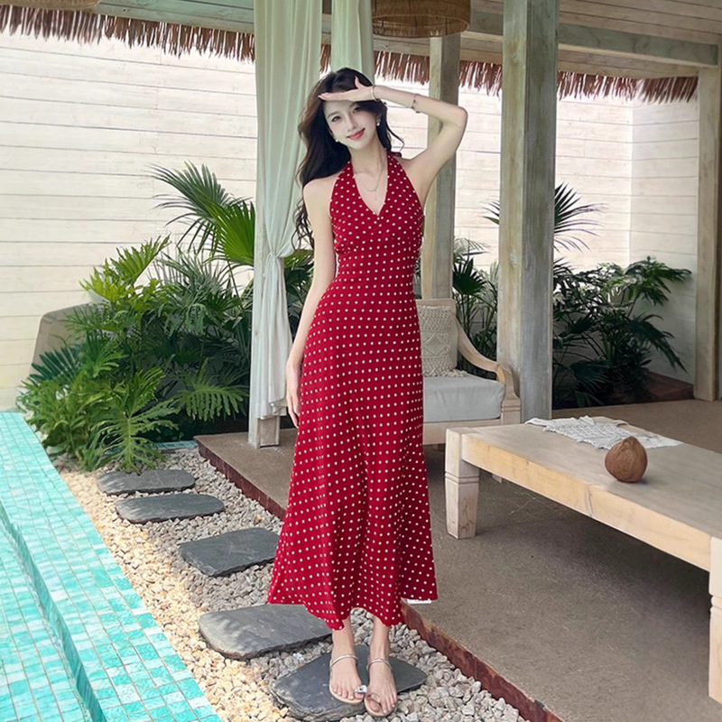 French Style Elegant Wave Dot Printed Neck dress Women's Summer New Waist Slimming Backless Long Dress for Seaside Vacation
