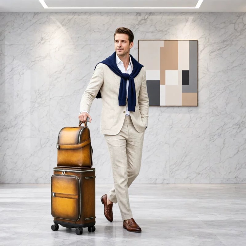 2026 New High-End Men's Genuine Leather Business Travel Suitcase Set, Top Layer Cowhide Travel Backpack, 20-inch Universal Portable