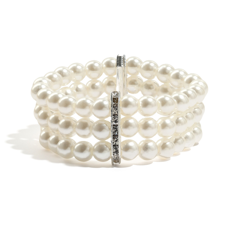 Vintage White Pearl Multi-layer Bracelet Party Gift Rhinestone Inlay Spacer Three-layer Pearl Ball Bracelet