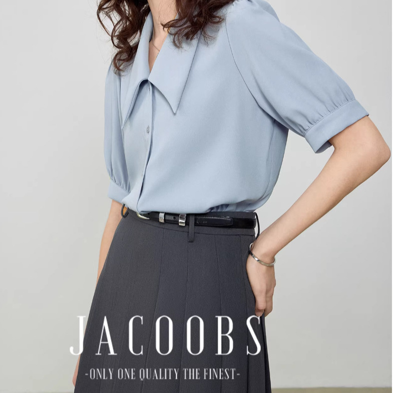 Áo sơ mi nữ cổ nhọn tay ngắn chất liệu chiffon phong cách Pháp — màu đen, xanh lam, màu trắng