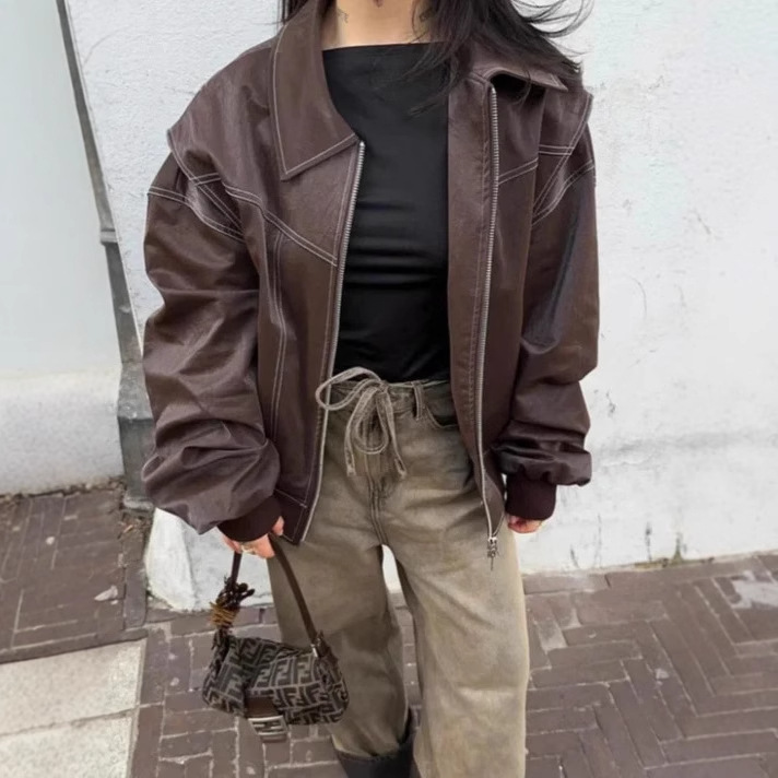 European and American Cross-Border Women's Clothing 2025 Summer Fashion Loose Lapel Long-Sleeved Retro American Motorcycle Jacket Zipper Jacket