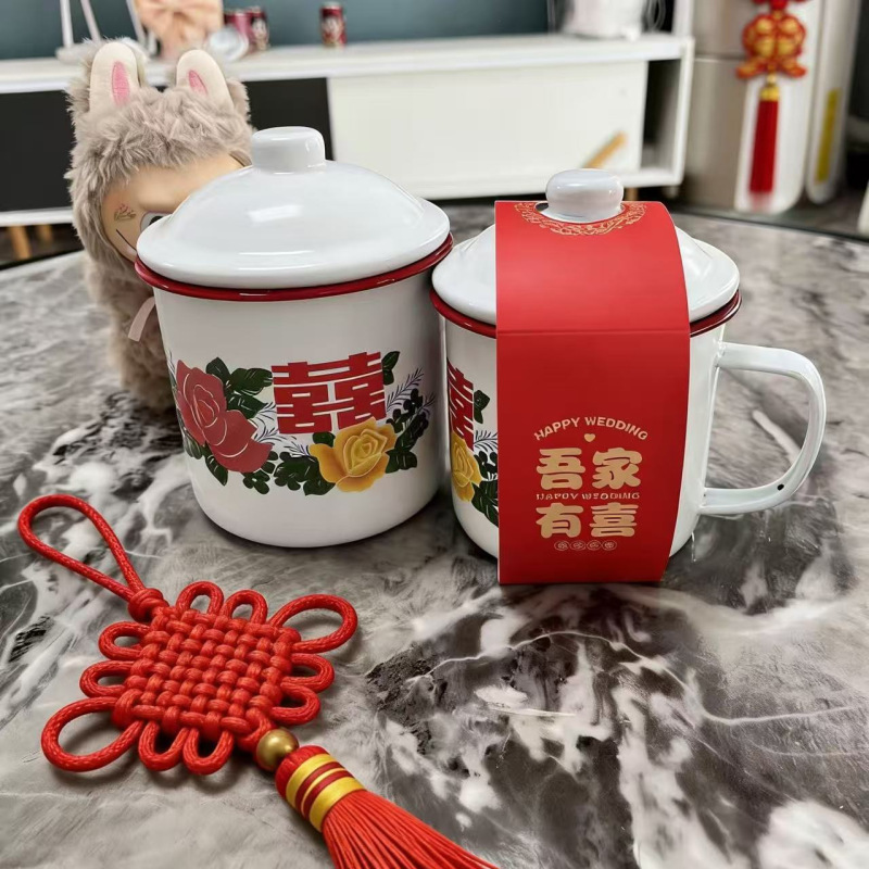 Wedding Souvenir Mug, Floral Red-Edged Enamel Cup, Double Happiness Tea Mug, Double Happiness Water Cup, Enamel Wedding Souvenir Mug, Floral Red-Edged Enamel Cup, Double Happiness Tea Mug, Double Happiness Water Cup, Enamel