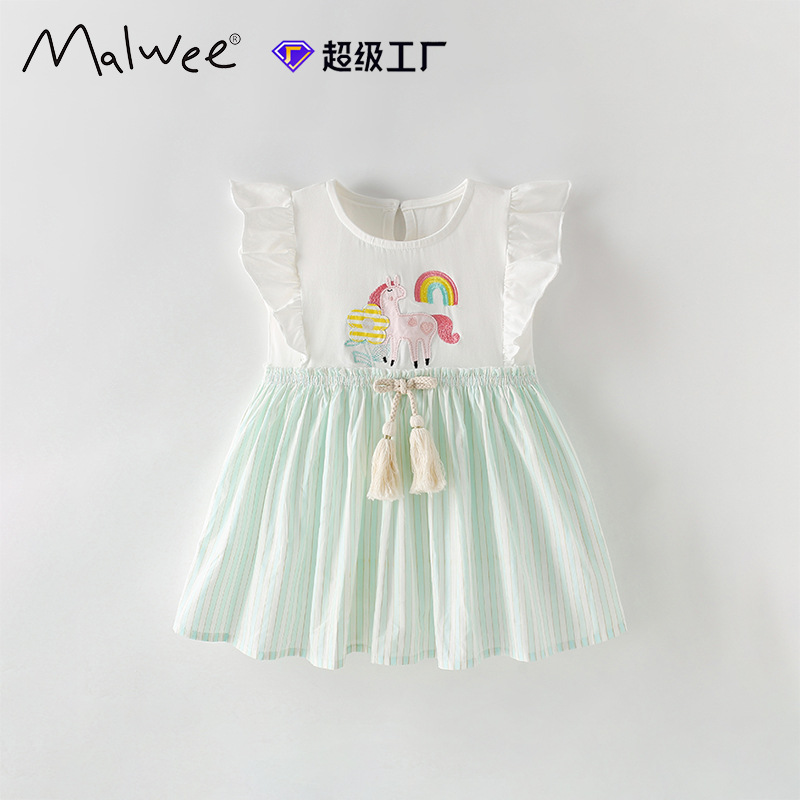 Vestido de niña malwee transfronterizo verano nuevo estilo europeo y americano niños pequeños y medianos cuello redondo manga corta estilo occidental falda de niña
