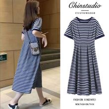 亚马逊简约女装夏季新款短袖条纹连衣裙女宽松T恤显瘦百搭长裙子