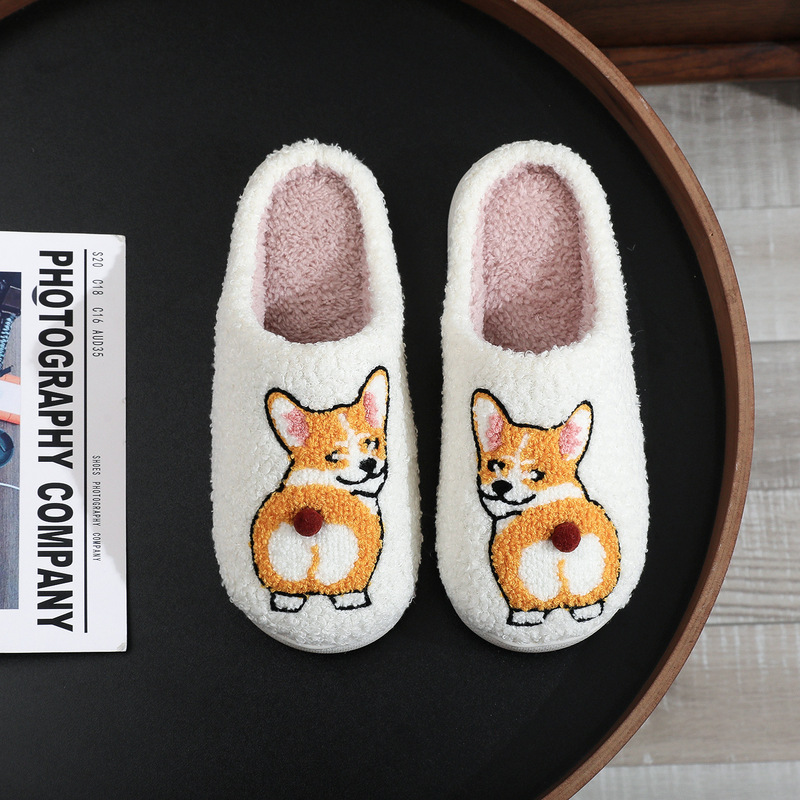 Cross-border Hot Selling Funny Cute Short-legged Corgi Embroidered Cotton Slippers for Men and Women Winter Comfortable Wool Slippers for Pet