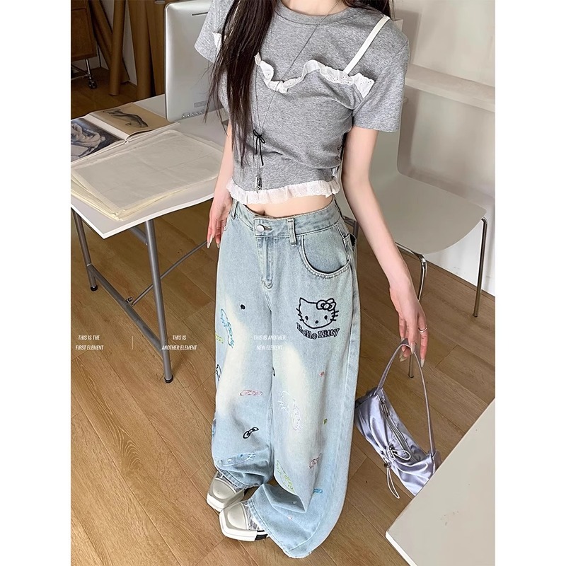 趣味小众卡通KT猫彩色刺绣牛仔裤女2025夏季新款设计感直筒阔腿裤|undefined