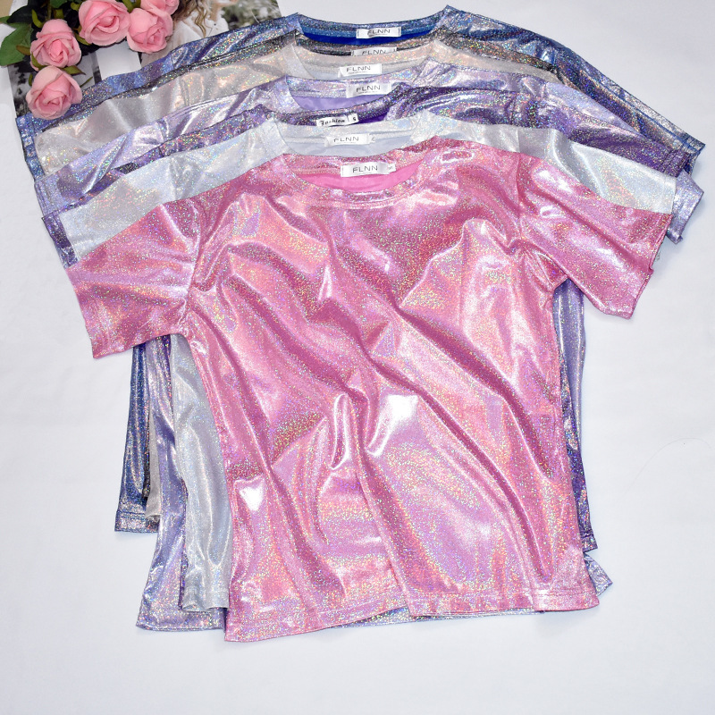 Korean Style Super Hot Thin Base Shirt Bright Silk Glitter Top Glitter Loose Short-sleeved T-shirt Women's Trendy Large Size T-shirt for Students Korean Style Super Hot Thin Base Shirt Bright Silk Glitter Top Glitter Loose Short-sleeved T-shirt Women's Trendy Large Size T-shirt for Students