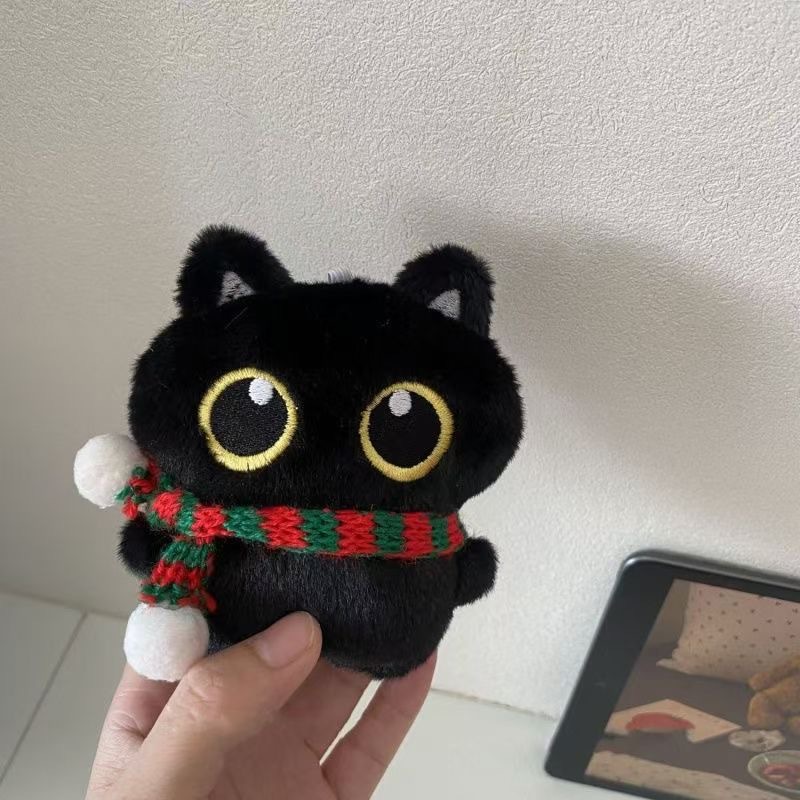 New cute red and green scarf with black cat plush toy, creative women's bag charm, couple's gift.
