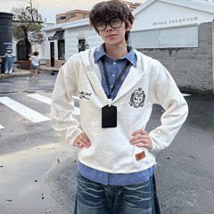 美式复古假两件拼接连帽卫衣男秋冬ing潮牌宽松休闲百搭套头上衣