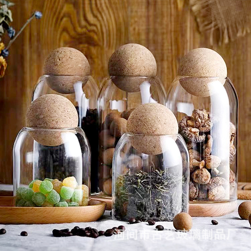 Granos al por mayor tarro de vidrio tarro de almacenamiento de vidrio tarro de té sellado corcho tarro de vidrio granos de café tarro de almacenamiento de frutas secas