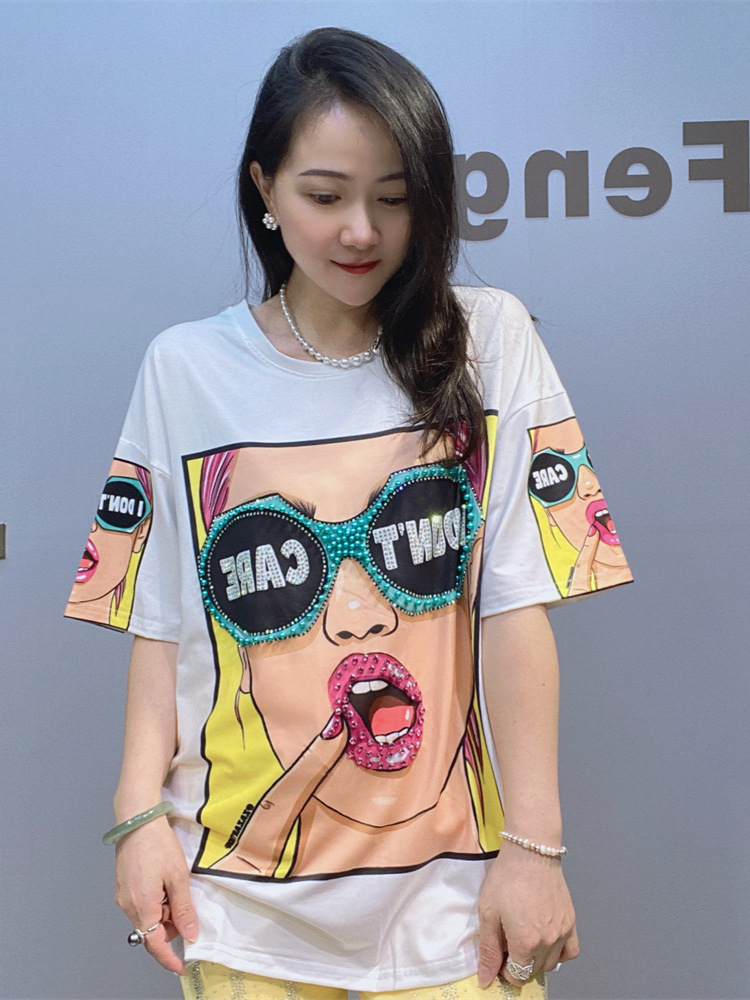 Camiseta de Mujer con Cuentas y Estampado de Algodón y Spandex Corte Holgado para Verano