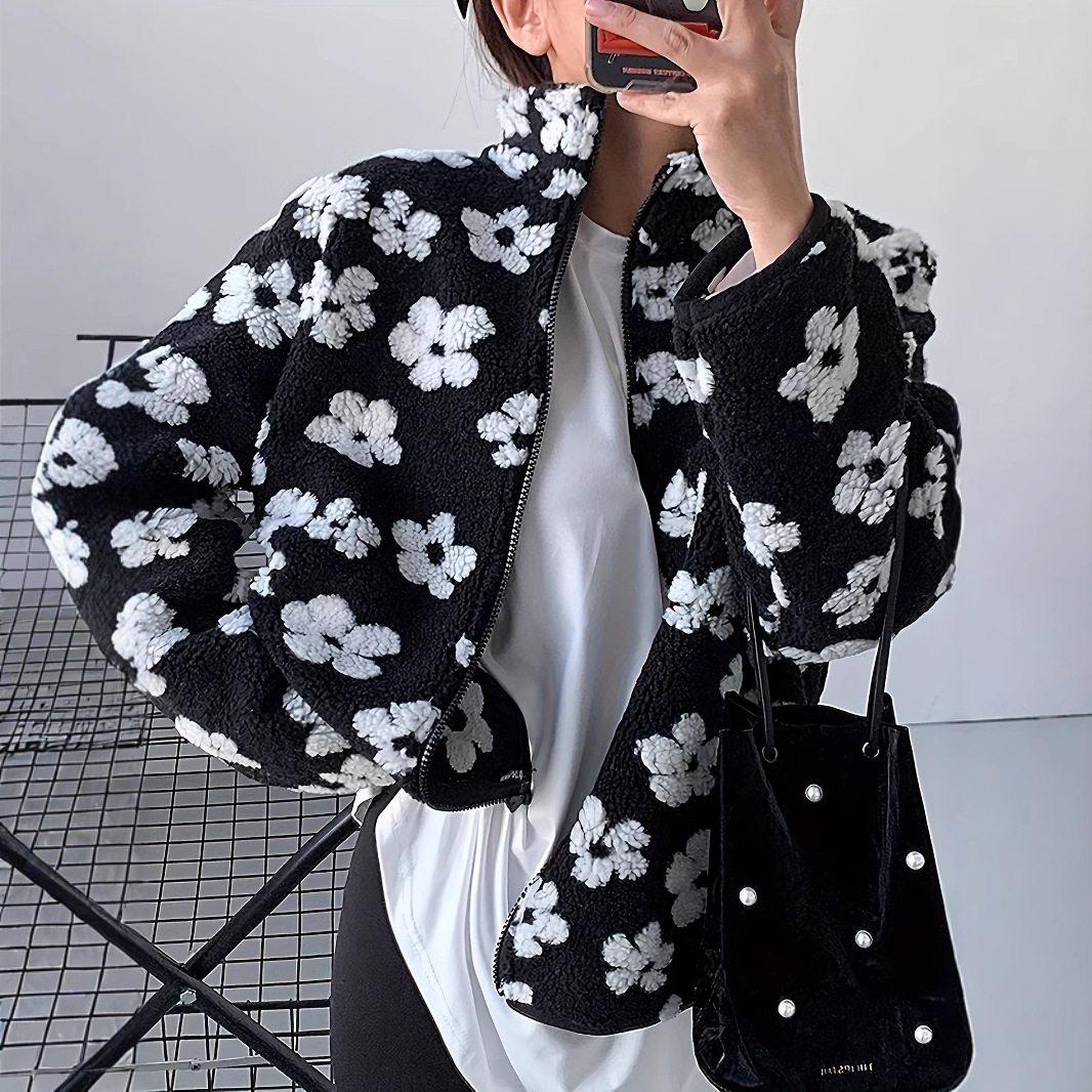 새로운 가을과 겨울 모든 경기 Lambswool Jacquard 작은 꽃 입자 봉제 지퍼 재킷