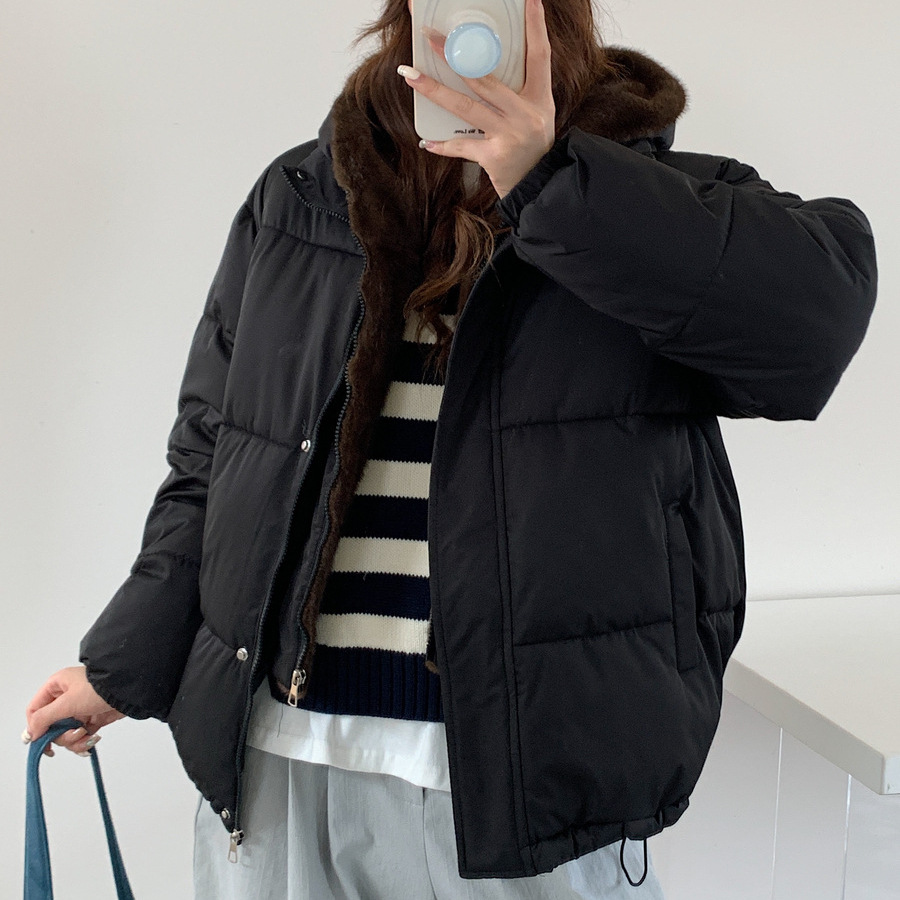 Falso de dos piezas de algodón empalmado de lana mujer 2025 invierno nuevo estilo coreano suelto chaqueta de plumón gruesa chaqueta de pan caliente