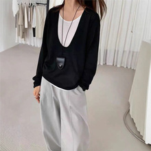 极简慵懒风 拼色假两件羊毛针织衫女 秋冬新款大U领显瘦气质上衣