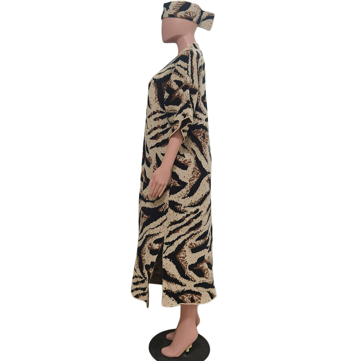 TS1278 new women's casual knitted leopard print cardigan jacket (including headscarf)_voghion.com
