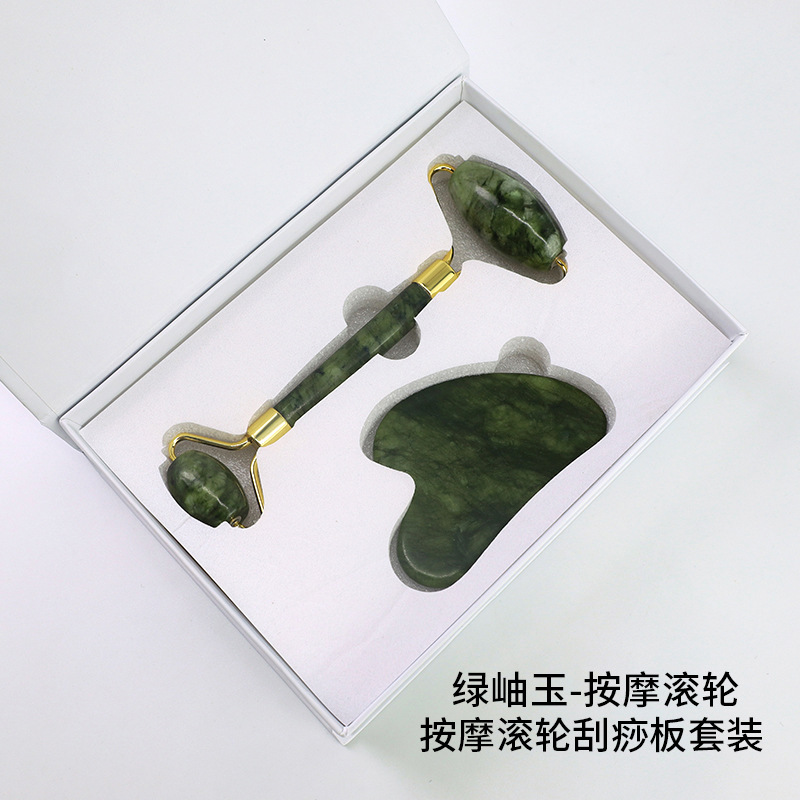 Tabla de gua sha de jade en stock, tabla de gua sha de nefrita en forma de corazón para belleza facial, masajeador con rodillo para uso en todo el cuerpo.