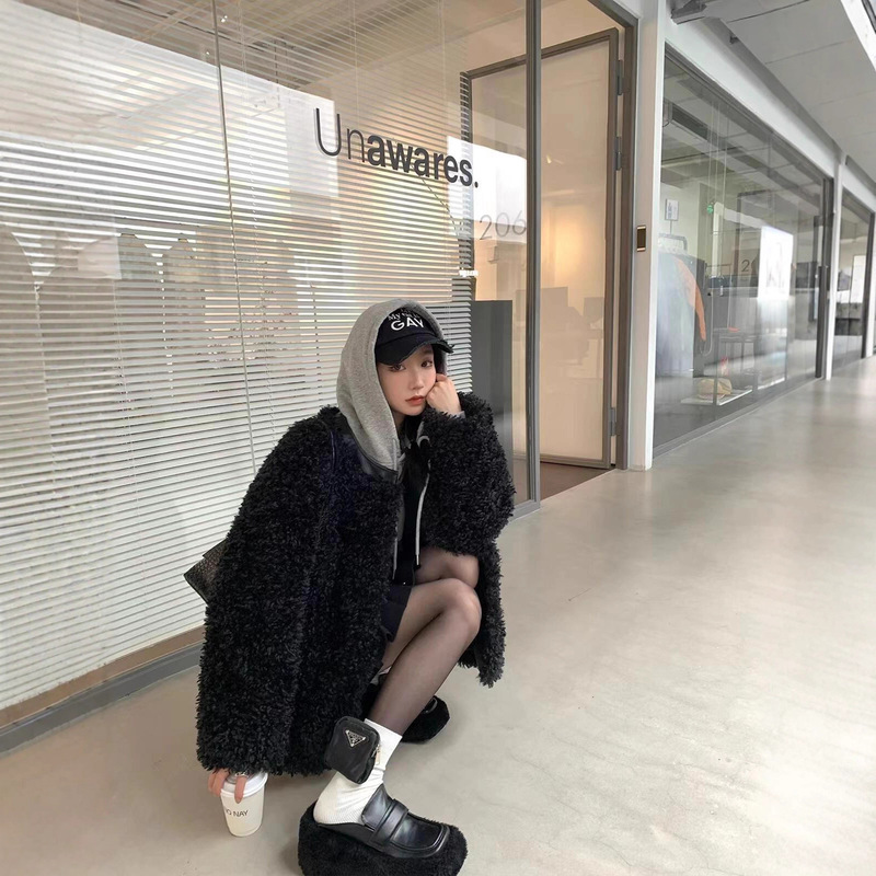 Black Chanel-Style Lamb Wool Coat for Women, Teddy Curly Eco-Friendly Fur, Winter Petite High-End Fur Coat