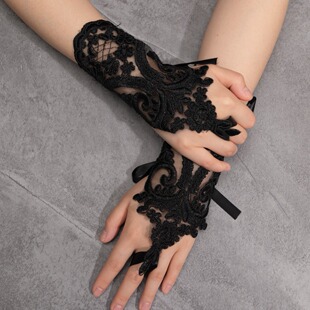 Halloween Gloves European and American Bridal Party Ball Gloves Hook Finger Embroidered Lace Ribbon Black Costume Accessories