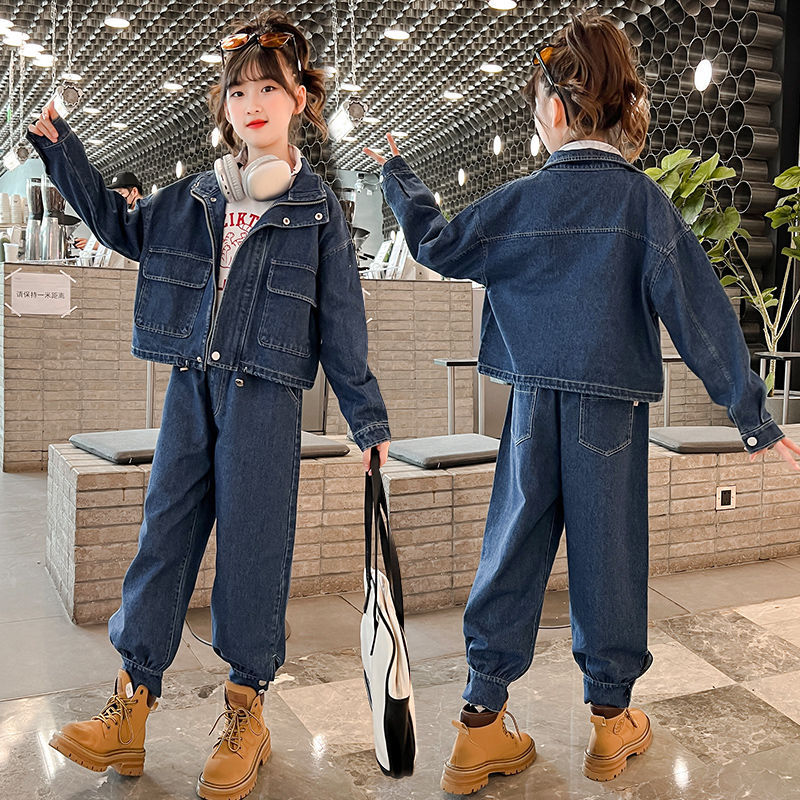 Girls' Denim Set, Spring/Autumn Style, 2024 New Arrival, College Style Children's Clothing, Stylish Casual Cardigan Two-Piece Set for Medium and Large Children