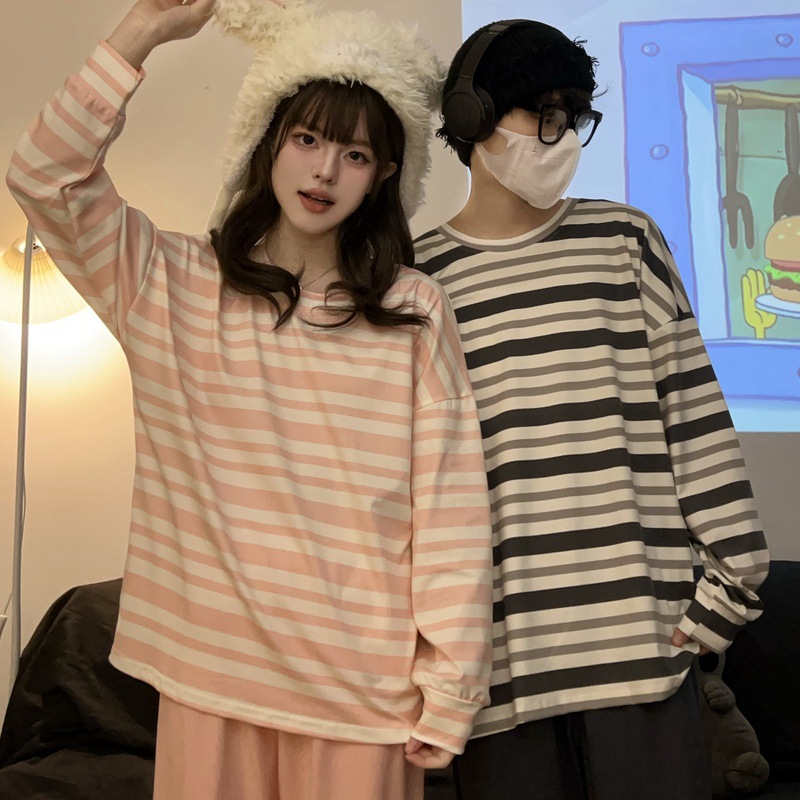 Round neck stripes (female bean paste pink men's gray blue)