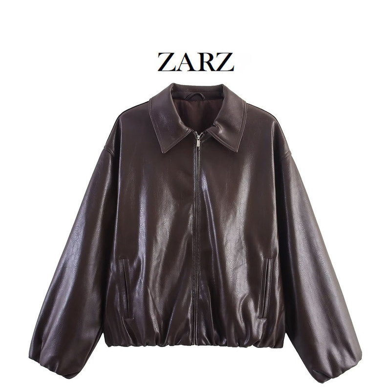 Zarz Homemade European and American Style New Women's Fashionable Imitation Leather Bomber Jacket 4341736