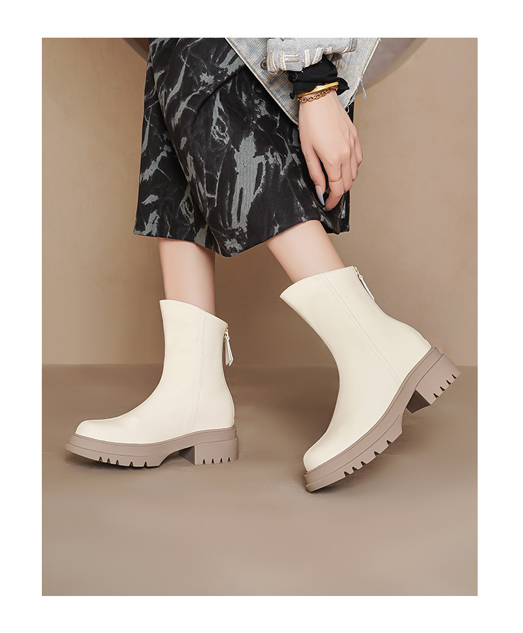 White Ankle Boots For Women Thick Sole Elastic Slim Fit Autumn_voghion.com