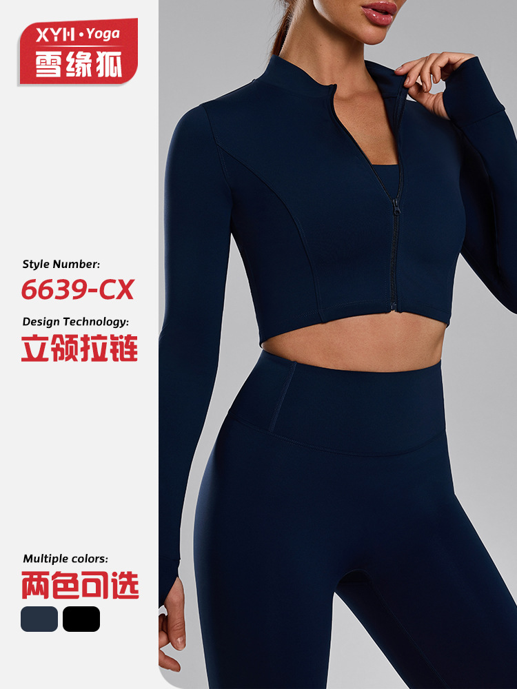 Cárdigan con cremallera con cuello alto transfronterizo europeo y americano, ropa deportiva de manga larga con agujero para el pulgar, ropa de yoga desnuda delgada, mujer de manga larga otoño e invierno