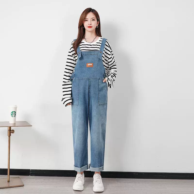 孕妇裤背带裤宽松遮肚显瘦潮妈阔腿牛仔裤春秋冬款加肥加大码加绒