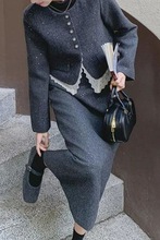 气质香风两件套半身裙毛呢秋冬蕾丝新款拼接外套套装