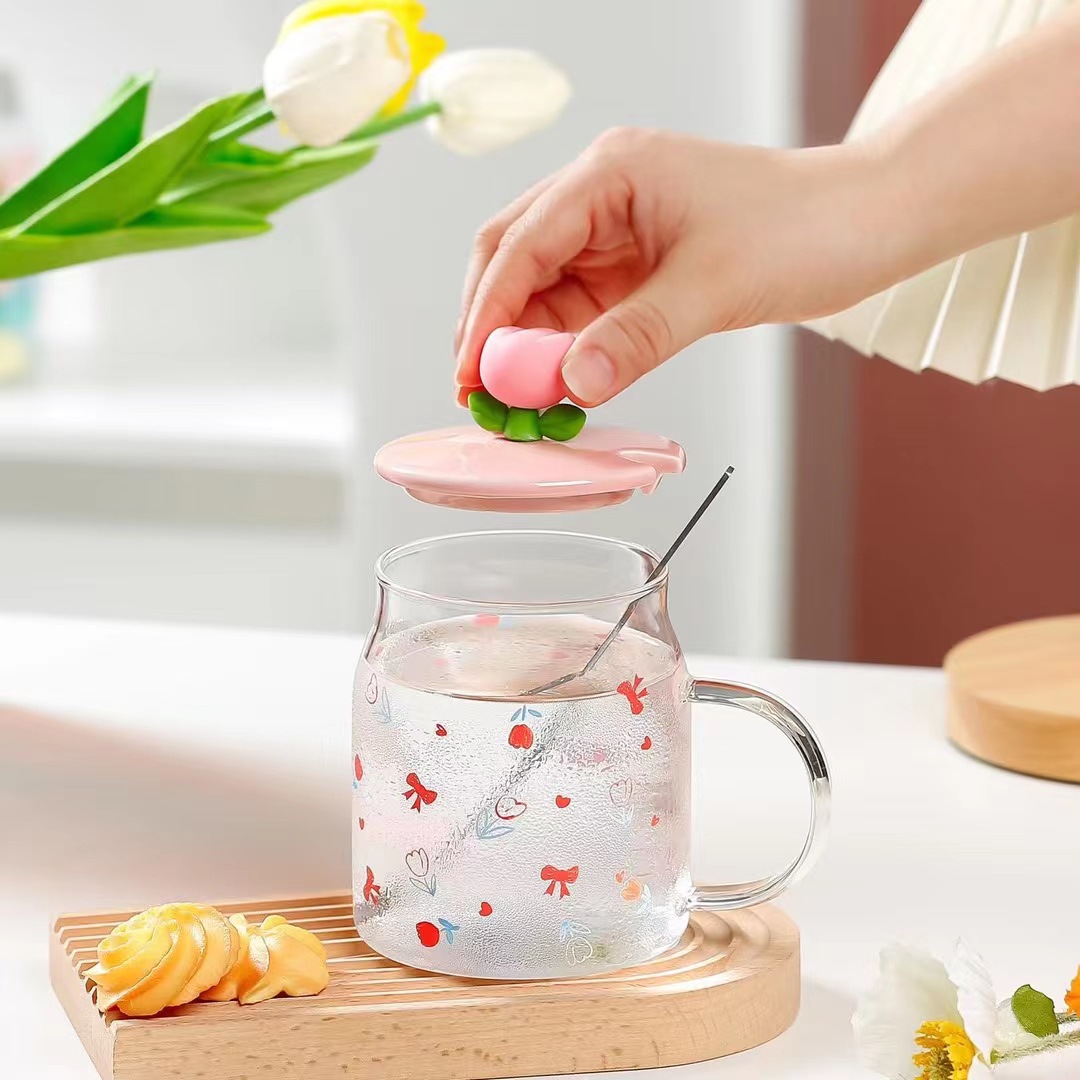 Chica corazón personalidad tulipán vidrio taza de agua con mano regalo Oficina taza de café flor fresca taza
