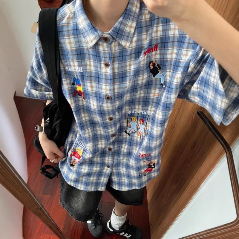 美式趣味刺绣翻领复古短袖格子衬衣情侣衬衫男女夏季宽松上衣百搭