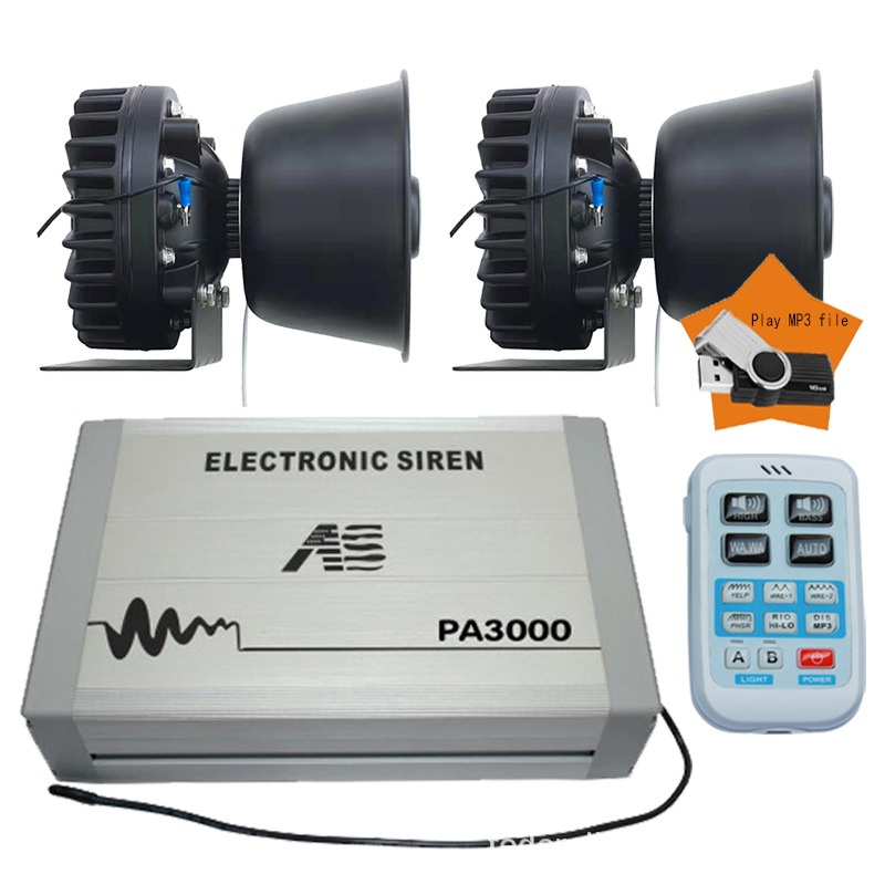 PA3000 car-mounted wireless siren and megaphone with high-pitched alarm, USB drive, MP3 function, and a round speaker with heat dissipation