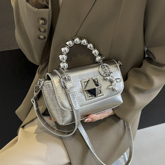 銀色包包女2024夏季新款時尚串珠鎖扣小方包高級感百搭單肩斜挎包