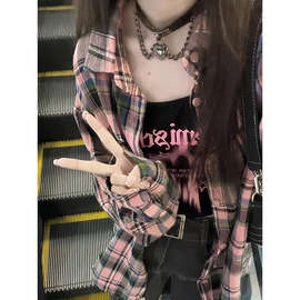 美式格子防晒长袖衬衫女春秋季宽松外穿设计感小众翻领衣外套上衣