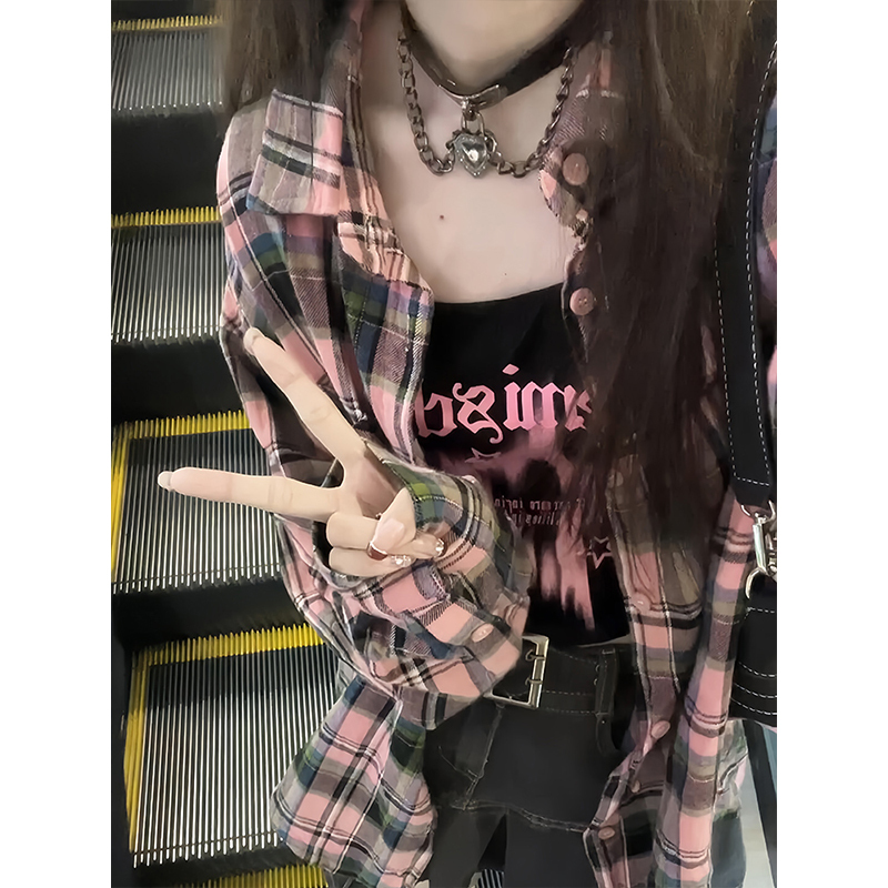 American Plaid Sun Protection Long-Sleeved Shirt for Women in Spring and Autum Loose Outer Wear Design Niche Lapel Jacket Top