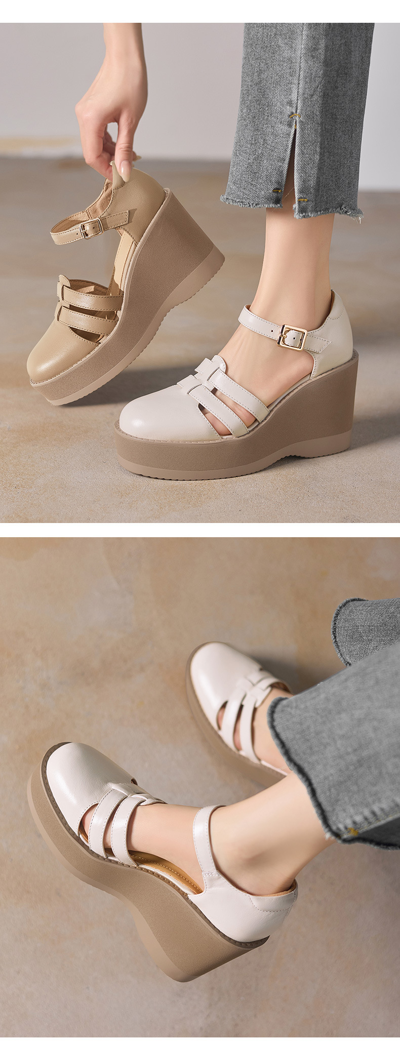 Sandal cao gót nữ đế dày 9,5 cm, mũi bít, dệt chéo, phong cách tổ chim — màu trắng ngà chi tiết 3