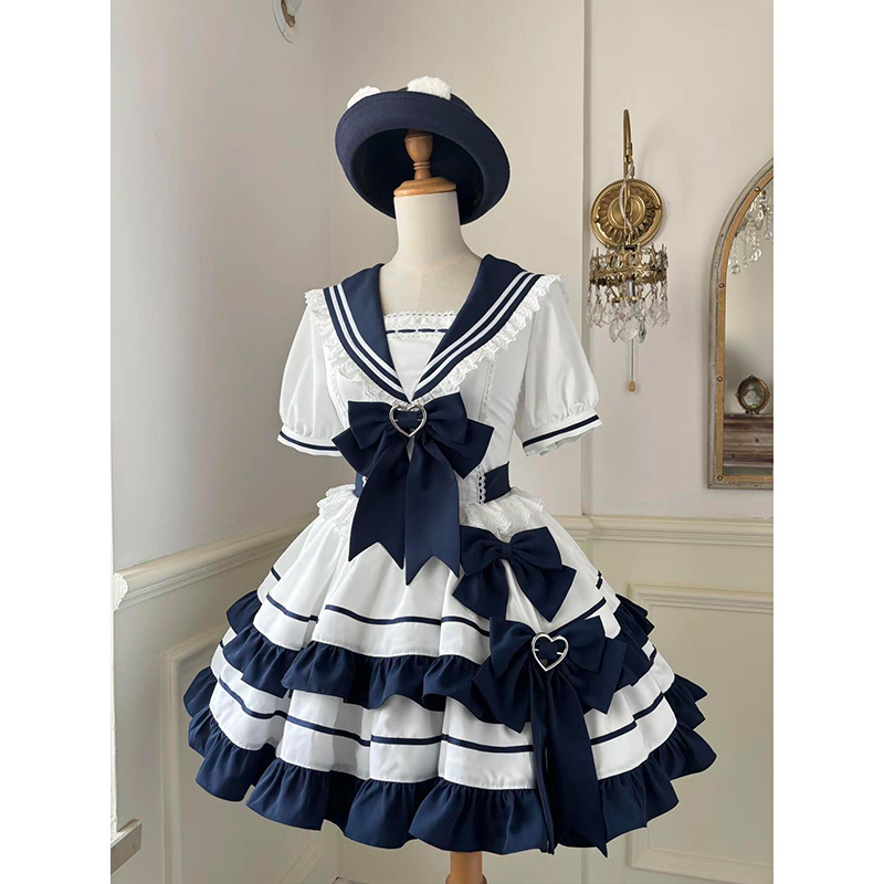 Sweet and Gentle Girly Lolita Dress, Lolita Navy Academy Style Color-Blocking Waist-Cinching Puffy Dress