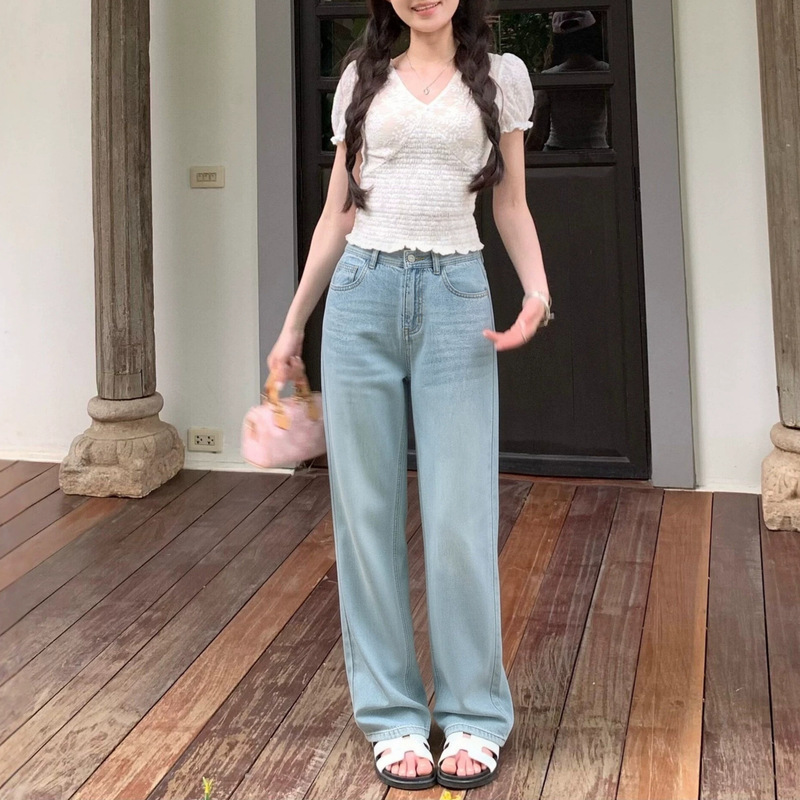 Cool-touch [Jelly Pants] Blue Tencel Straight-Leg Jeans for Women, Thin, Long, Draped, Wide-Leg Pants, Summer Women's Clothing