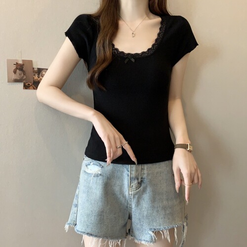 92% Cotton Off-Shoulder Short-Sleeve T-Shirt for Petite Women: Summer, Slim-Fit, Short-Length Top with Delicate Lace Bow—A Classy, Gentle, and Elegant Style