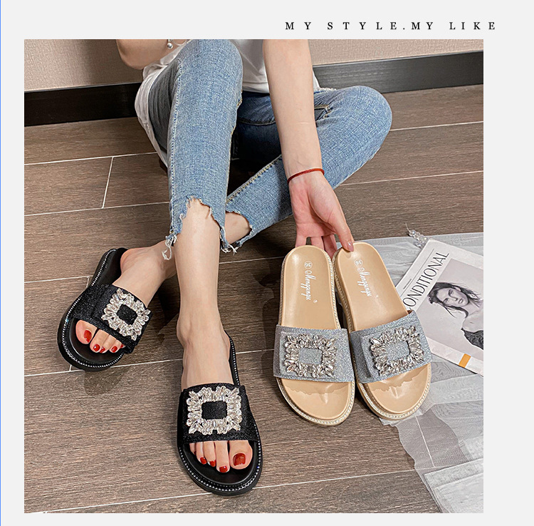 2025 verano nuevo lazo con diamantes de imitación hebilla cuadrada plana casual zapatillas de mujer sandalias de una tira para mujer ropa de exterior talla grande 41_voghion.com