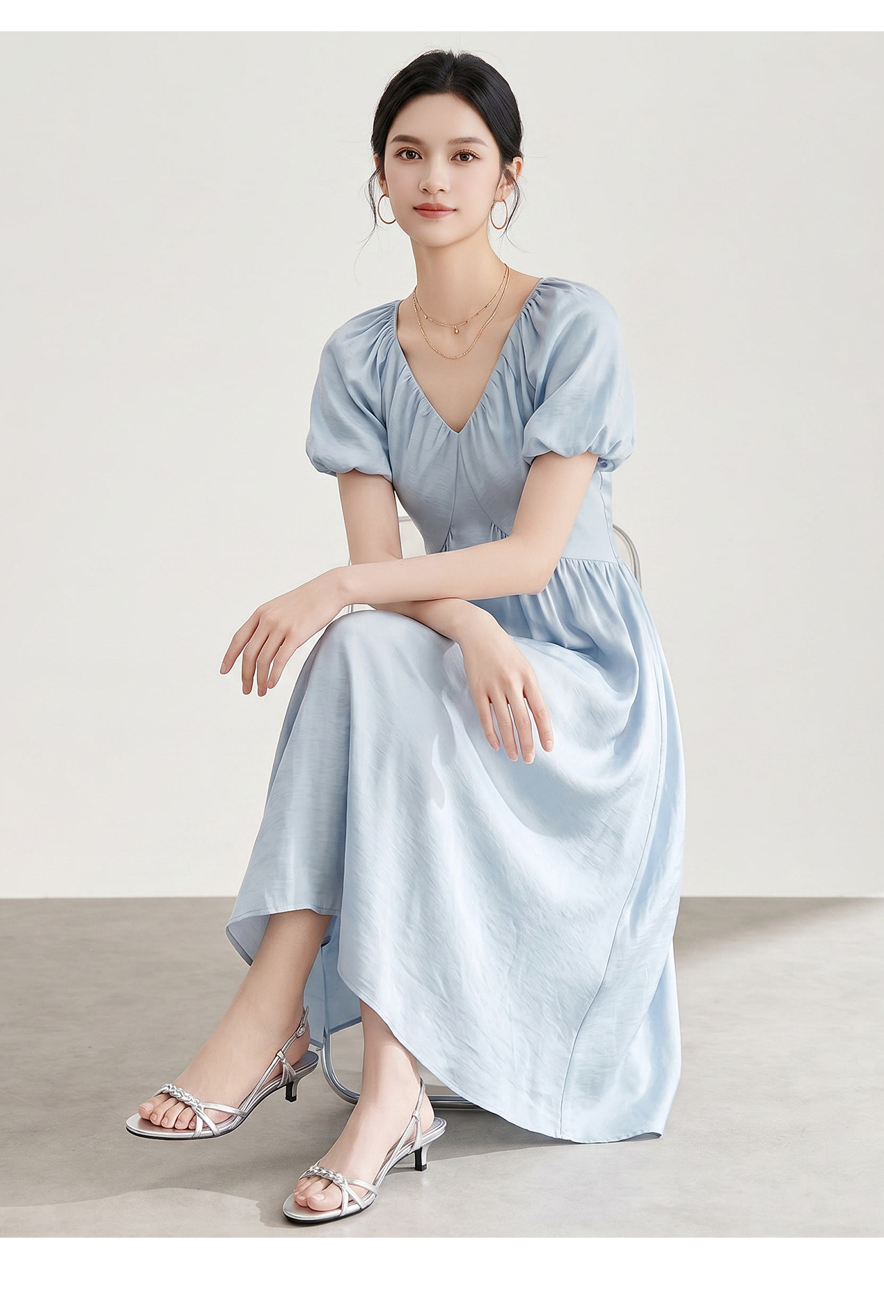 Đầm suông midi tay bồng cổ V xếp ly cho nữ — màu xanh navy chi tiết 14