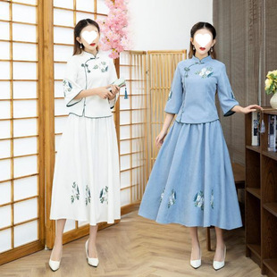 Retro Republic of China Style Tea Art Women's High-Waisted Top and Skirt Set Slim Plus Size Ethnic Style Embroidered Two-Piece Suit
