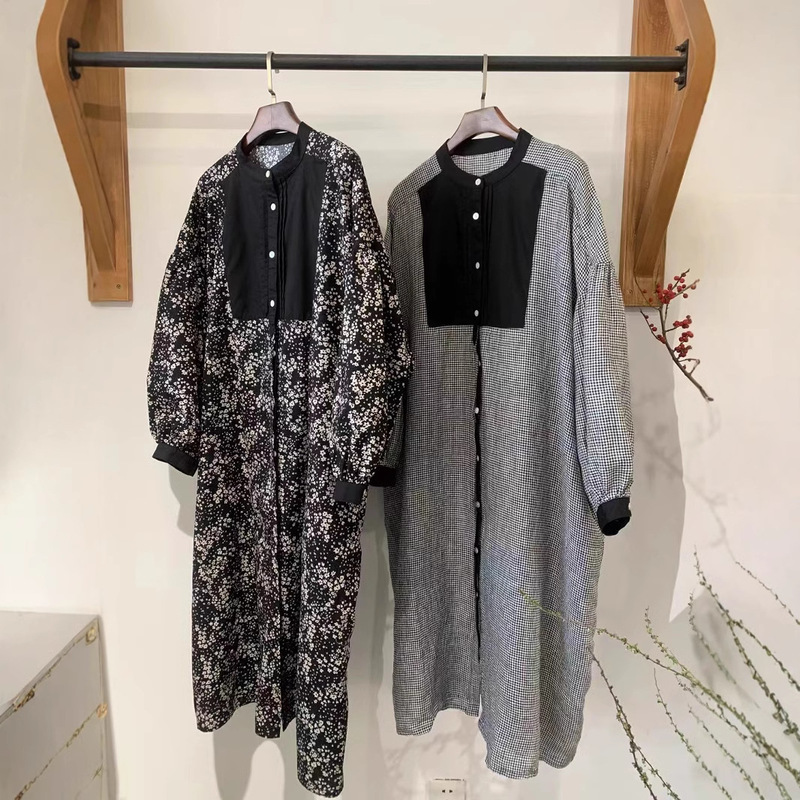 Japanese Retro Artistic Contrast Color Stitching dress Spring New Loose All-match Long-sleeved Single-breasted Mid-length Skirt